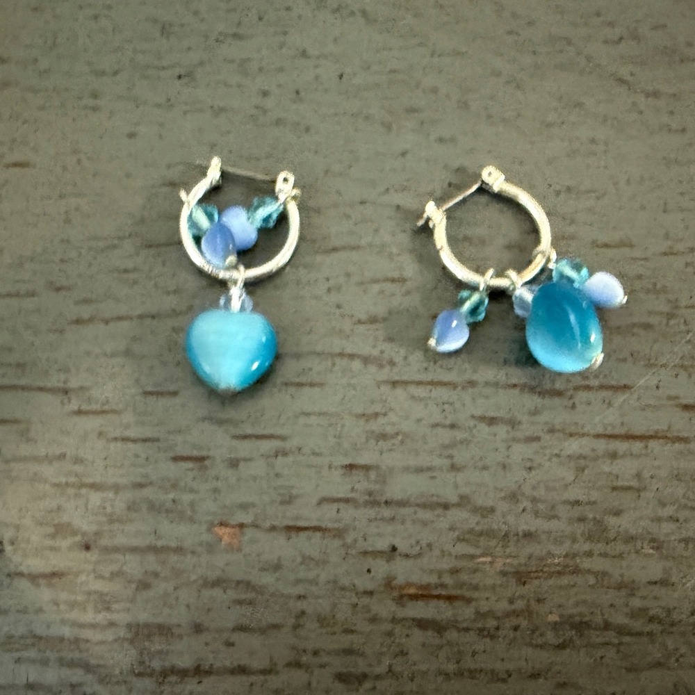 Blue Glass Heart Charm Hoop Earrings Silver Tone Beaded Dangle Drop Jewelry